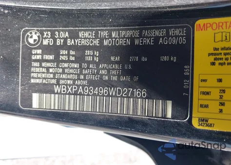 2006 BMW X3 3.0I from USA, damaged, VIN WBXPA93496WD27166